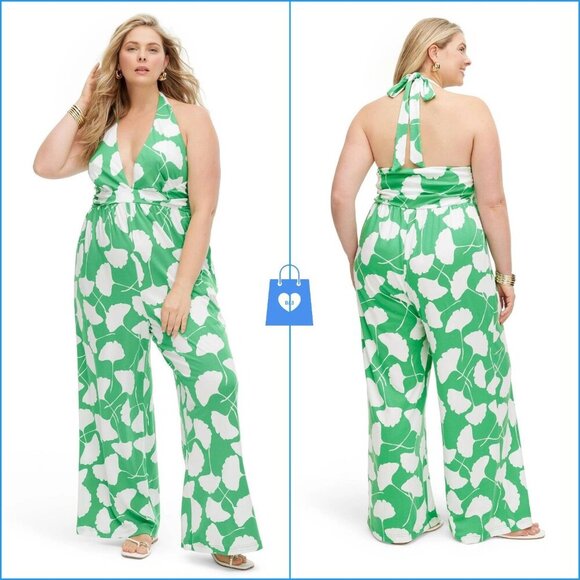 Diane Von Furstenberg TGT Pants - 2X - Womens Halter Ginkgo Green Jumpsuit - DVF TGT - Green White